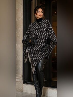 Simonetta Black and Cream Plaid Fringe Poncho